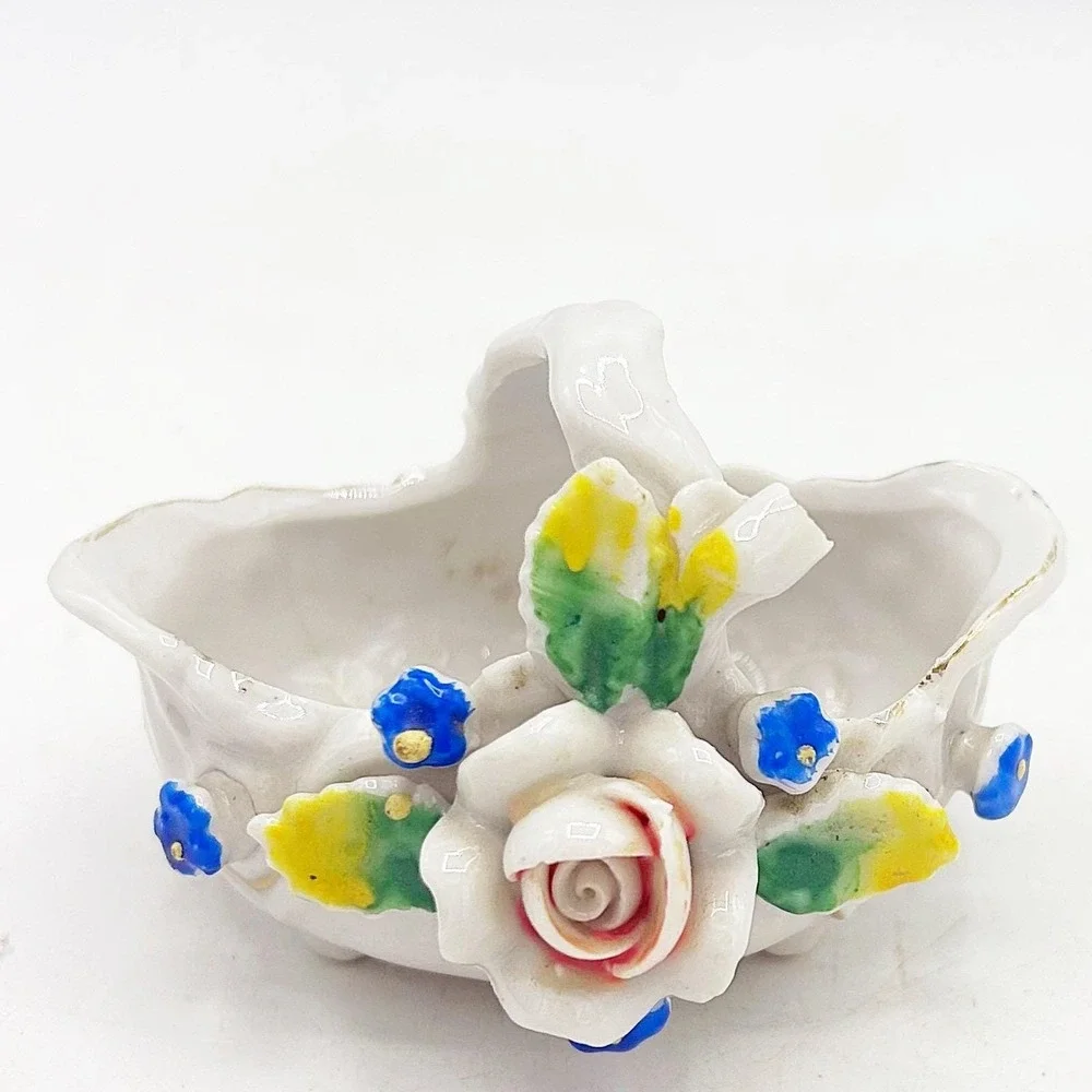 Occupied Japan Miniature Rose Floral Basket Porcelain
